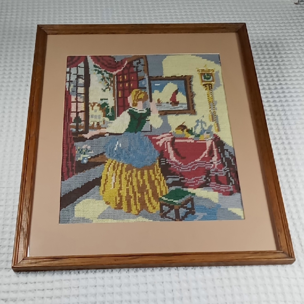 Vintage Framed Needlepoint Art with Wooden Frame Vermeers Girl at Open Window